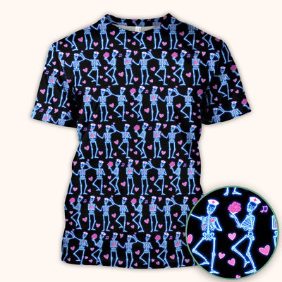 Skeleton Nurse Heart Pattern Scrub Top, Playful Nurse Style, Breathable Fabrics Nursing Uniform, Valentine