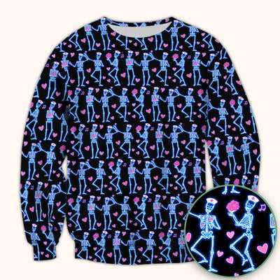 Skeleton Nurse Heart Pattern Scrub Top, Playful Nurse Style, Breathable Fabrics Nursing Uniform, Valentine