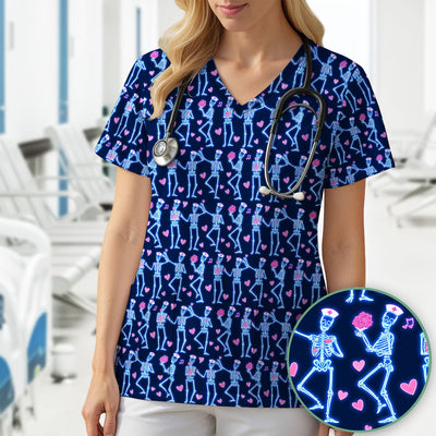 Skeleton Nurse Heart Pattern Scrub Top, Playful Nurse Style, Breathable Fabrics Nursing Uniform, Valentine