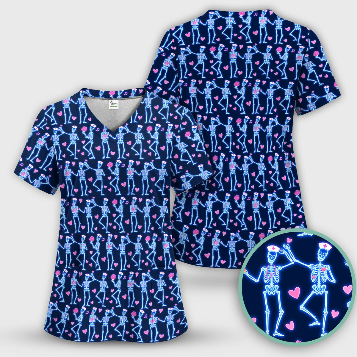 Skeleton Nurse Heart Pattern Scrub Top, Playful Nurse Style, Breathable Fabrics Nursing Uniform, Valentine