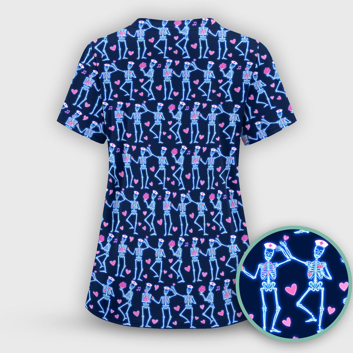Skeleton Nurse Heart Pattern Scrub Top, Playful Nurse Style, Breathable Fabrics Nursing Uniform, Valentine