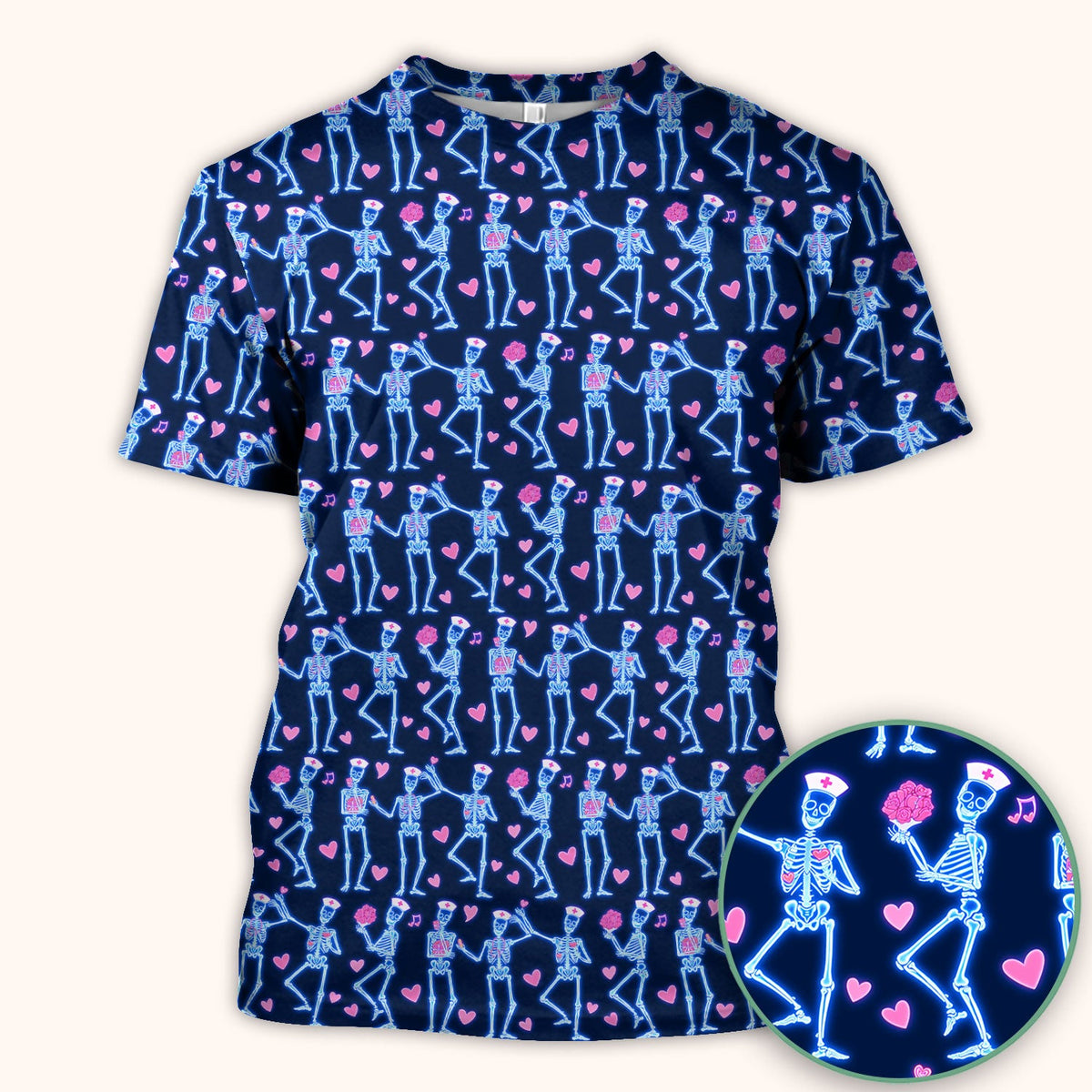 Skeleton Nurse Heart Pattern Scrub Top, Playful Nurse Style, Breathable Fabrics Nursing Uniform, Valentine