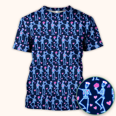 Skeleton Nurse Heart Pattern Scrub Top, Playful Nurse Style, Breathable Fabrics Nursing Uniform, Valentine