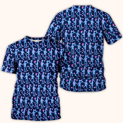 Skeleton Nurse Heart Pattern Scrub Top, Playful Nurse Style, Breathable Fabrics Nursing Uniform, Valentine