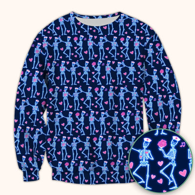 Skeleton Nurse Heart Pattern Scrub Top, Playful Nurse Style, Breathable Fabrics Nursing Uniform, Valentine