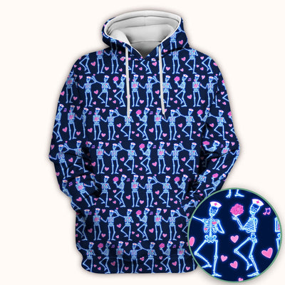 Skeleton Nurse Heart Pattern Scrub Top, Playful Nurse Style, Breathable Fabrics Nursing Uniform, Valentine