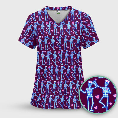 Skeleton Nurse Heart Pattern Scrub Top, Playful Nurse Style, Breathable Fabrics Nursing Uniform, Valentine