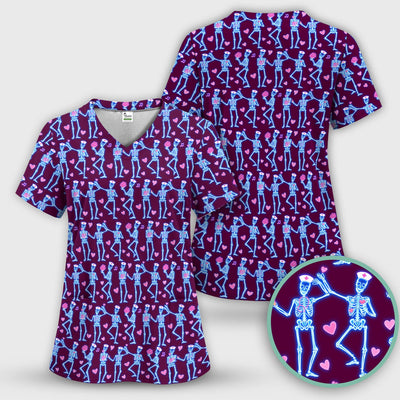 Skeleton Nurse Heart Pattern Scrub Top, Playful Nurse Style, Breathable Fabrics Nursing Uniform, Valentine