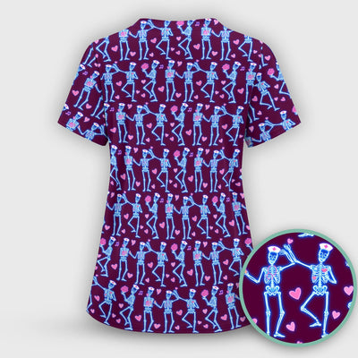 Skeleton Nurse Heart Pattern Scrub Top, Playful Nurse Style, Breathable Fabrics Nursing Uniform, Valentine