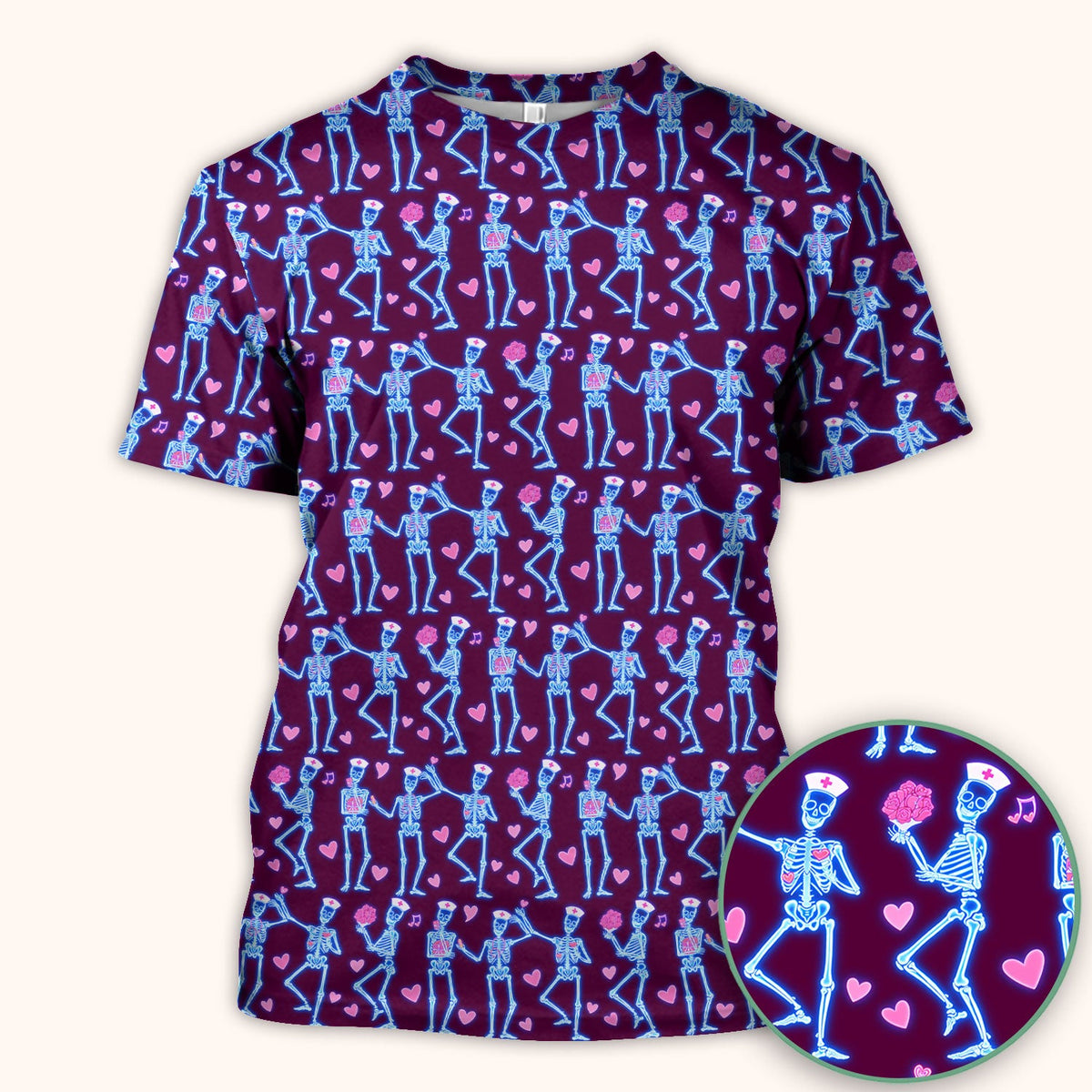 Skeleton Nurse Heart Pattern Scrub Top, Playful Nurse Style, Breathable Fabrics Nursing Uniform, Valentine