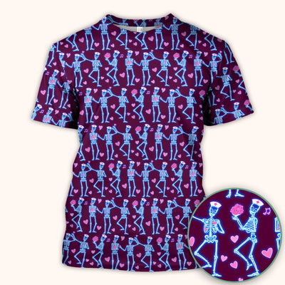 Skeleton Nurse Heart Pattern Scrub Top, Playful Nurse Style, Breathable Fabrics Nursing Uniform, Valentine