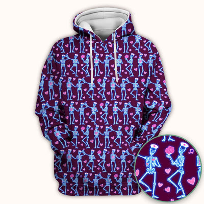 Skeleton Nurse Heart Pattern Scrub Top, Playful Nurse Style, Breathable Fabrics Nursing Uniform, Valentine