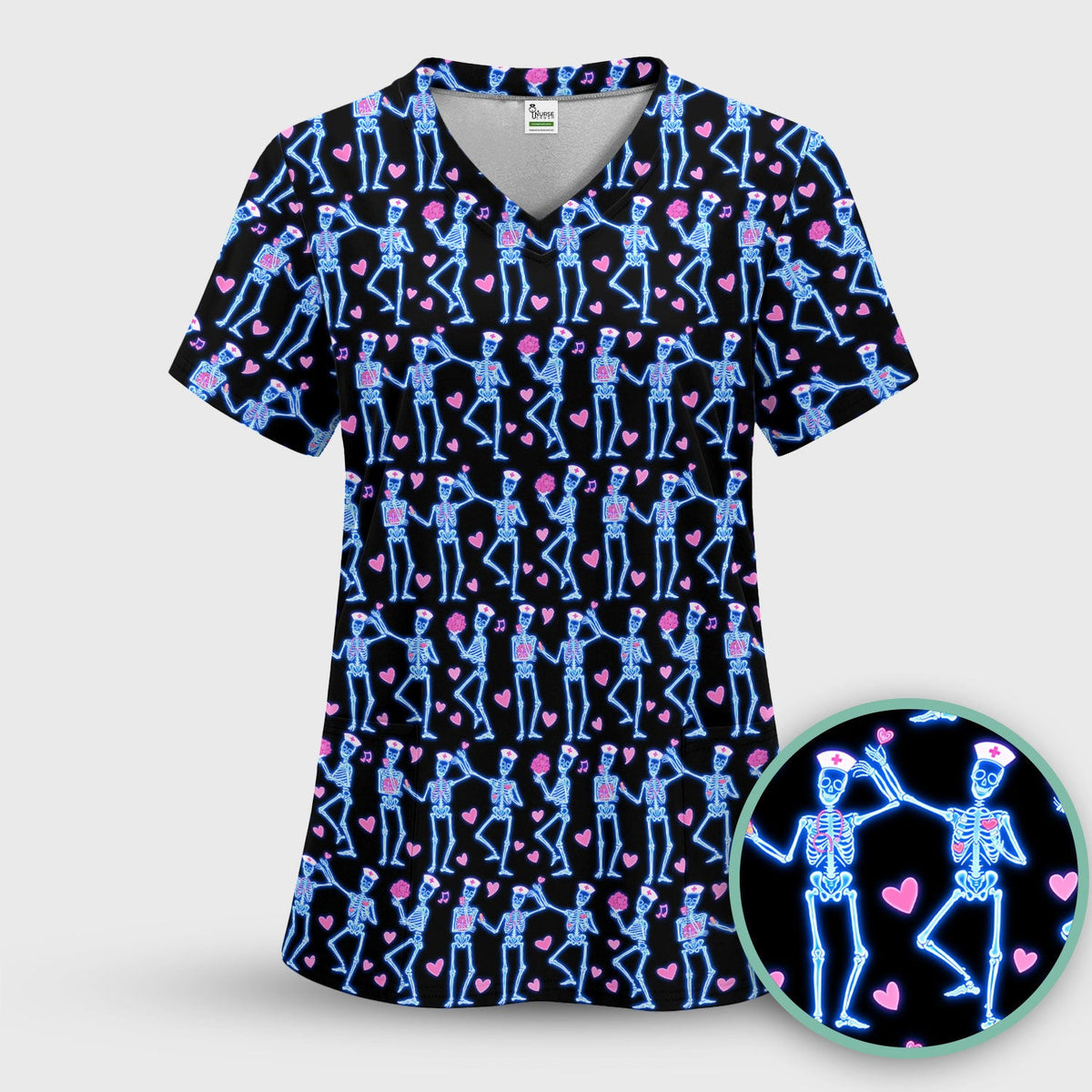 Skeleton Nurse Heart Pattern Scrub Top, Playful Nurse Style, Breathable Fabrics Nursing Uniform, Valentine