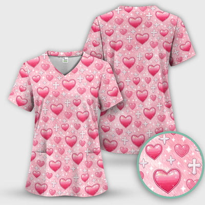 Pink Heart & Cross Pattern Scrub Top, Comfortable Scrubs for Nurses Uniform, Valentine's Day gift