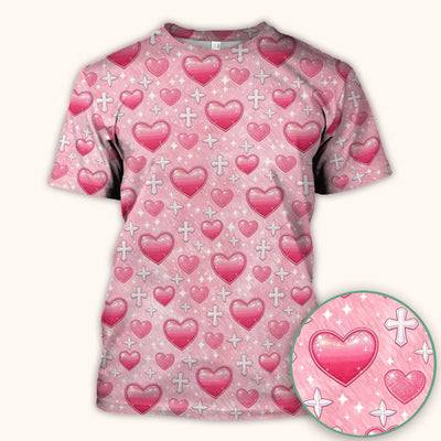 Pink Heart & Cross Pattern Scrub Top, Comfortable Scrubs for Nurses Uniform, Valentine's Day gift