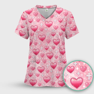 Pink Heart & Cross Pattern Scrub Top, Comfortable Scrubs for Nurses Uniform, Valentine's Day gift