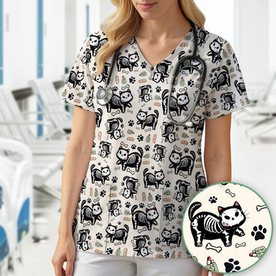 Skeleton Cat Medical Pattern Scrub Top, Comfortable Scrubs for Nurses