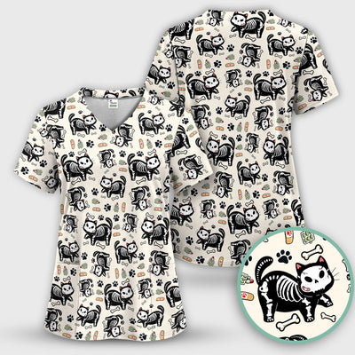 Skeleton Cat Medical Pattern Scrub Top, Comfortable Scrubs for Nurses