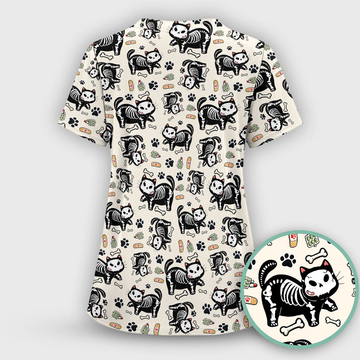 Skeleton Cat Medical Pattern Scrub Top, Comfortable Scrubs for Nurses
