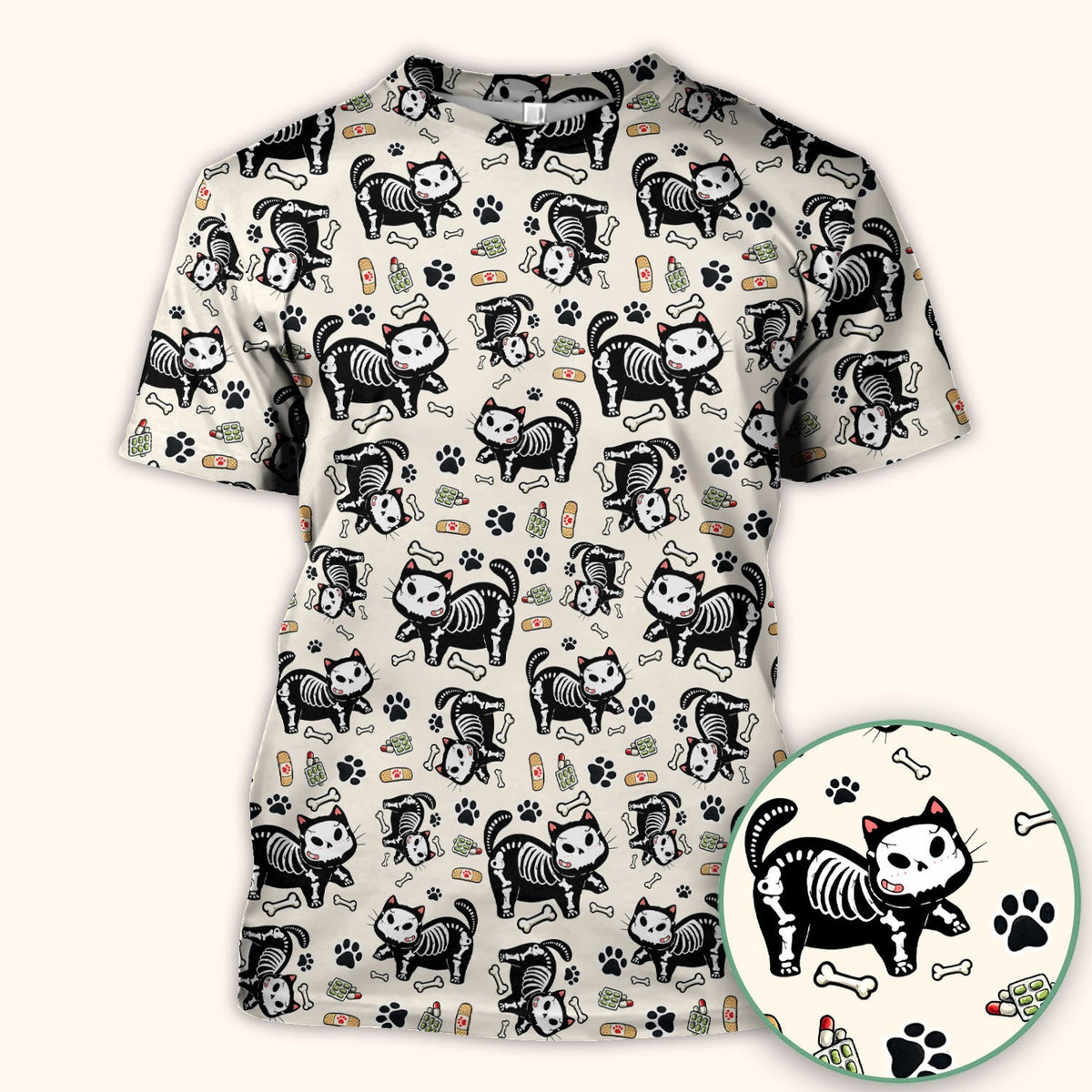 Skeleton Cat Medical Pattern Scrub Top, Comfortable Scrubs for Nurses