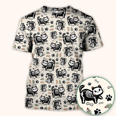 Skeleton Cat Medical Pattern Scrub Top, Comfortable Scrubs for Nurses