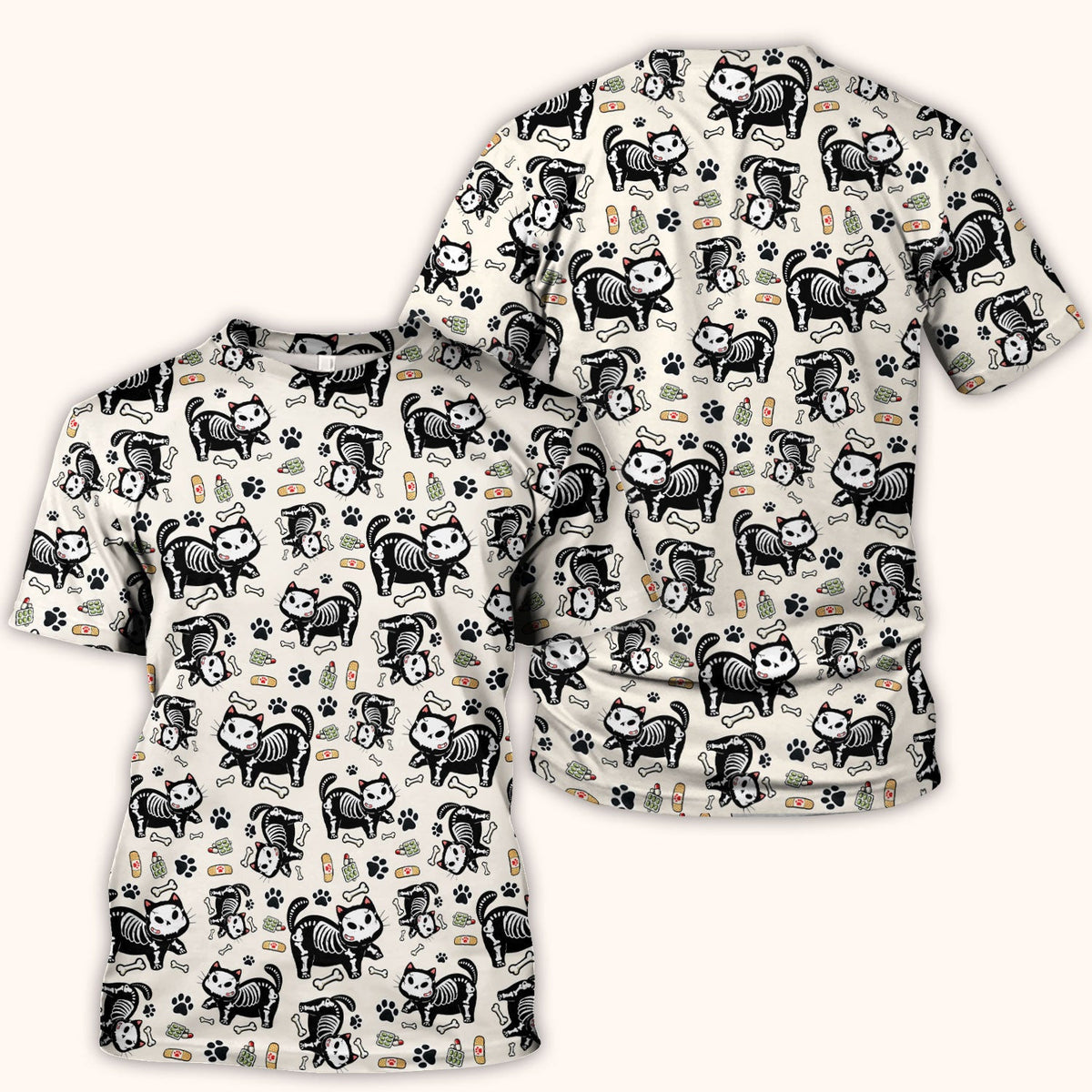 Skeleton Cat Medical Pattern Scrub Top, Comfortable Scrubs for Nurses