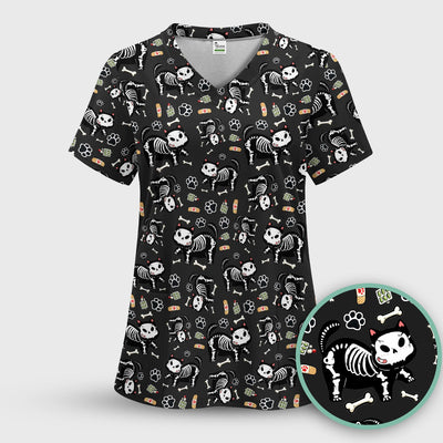 Skeleton Cat Medical Pattern Scrub Top, Comfortable Scrubs for Nurses