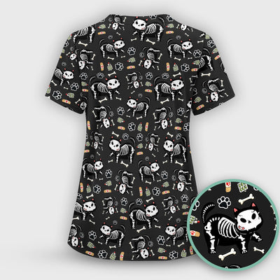 Skeleton Cat Medical Pattern Scrub Top, Comfortable Scrubs for Nurses