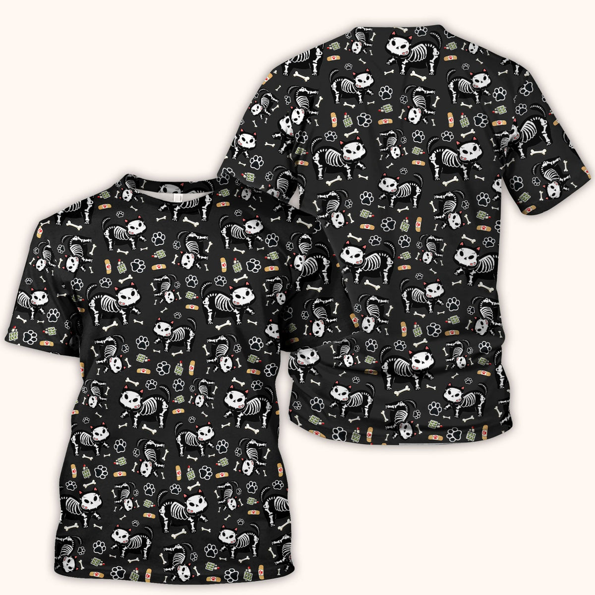 Skeleton Cat Medical Pattern Scrub Top, Comfortable Scrubs for Nurses