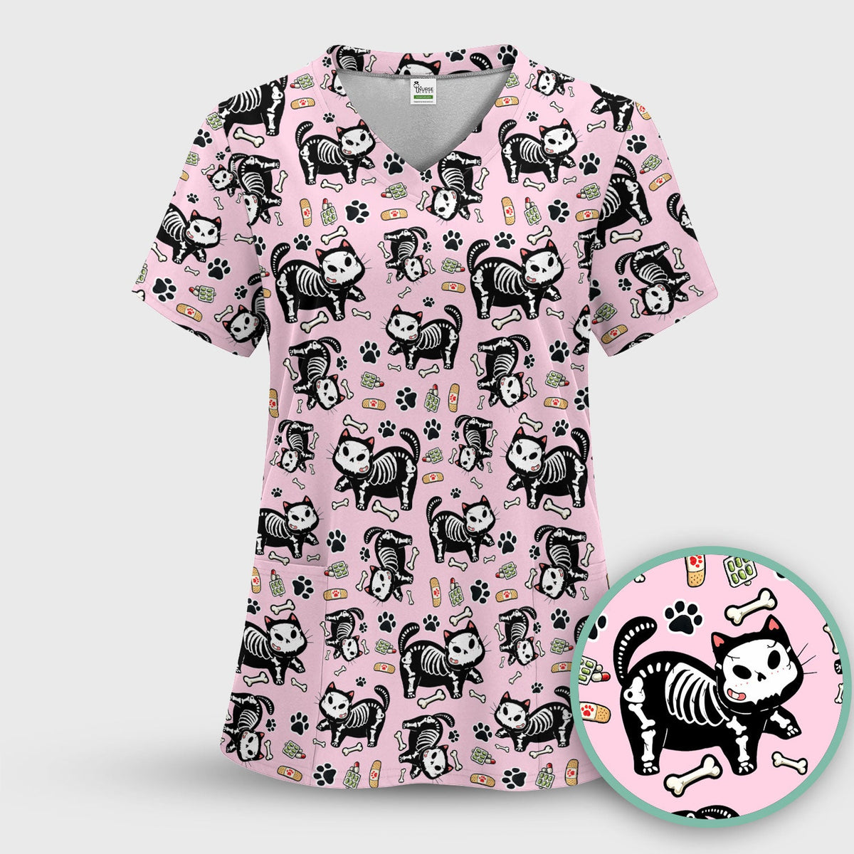 Skeleton Cat Medical Pattern Scrub Top, Comfortable Scrubs for Nurses