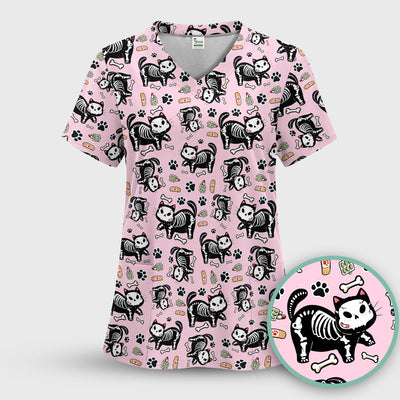 Skeleton Cat Medical Pattern Scrub Top, Comfortable Scrubs for Nurses