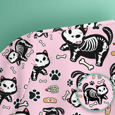 Skeleton Cat Medical Pattern Scrub Top, Comfortable Scrubs for Nurses
