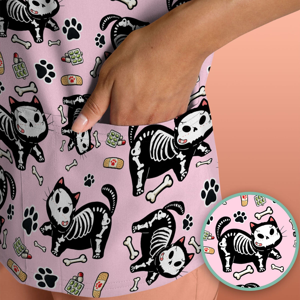 Skeleton Cat Medical Pattern Scrub Top, Comfortable Scrubs for Nurses