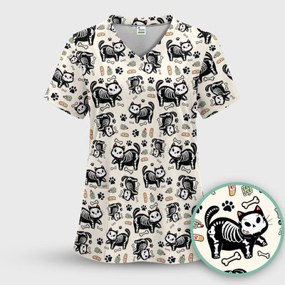 Skeleton Cat Medical Pattern Scrub Top, Comfortable Scrubs for Nurses