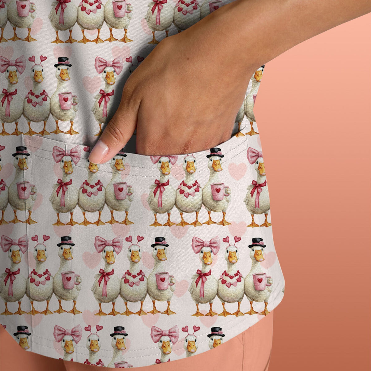 Charming Valentine Goose Heart Pink Design Scrub Top, Comfortable Scrubs for Nurses