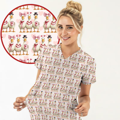 Charming Valentine Goose Heart Pink Design Scrub Top, Comfortable Scrubs for Nurses