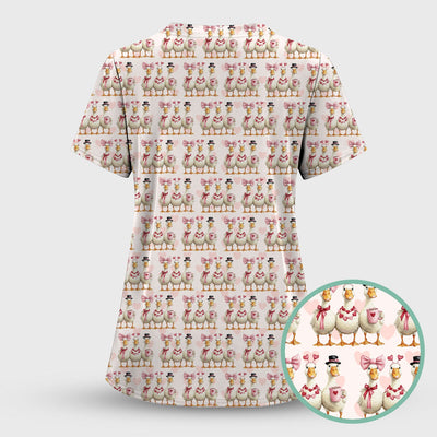 Charming Valentine Goose Heart Pink Design Scrub Top, Comfortable Scrubs for Nurses