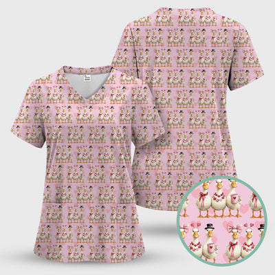 Charming Valentine Goose Heart Pink Design Scrub Top, Comfortable Scrubs for Nurses