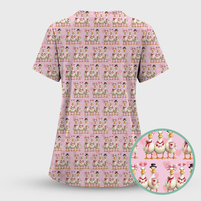 Charming Valentine Goose Heart Pink Design Scrub Top, Comfortable Scrubs for Nurses