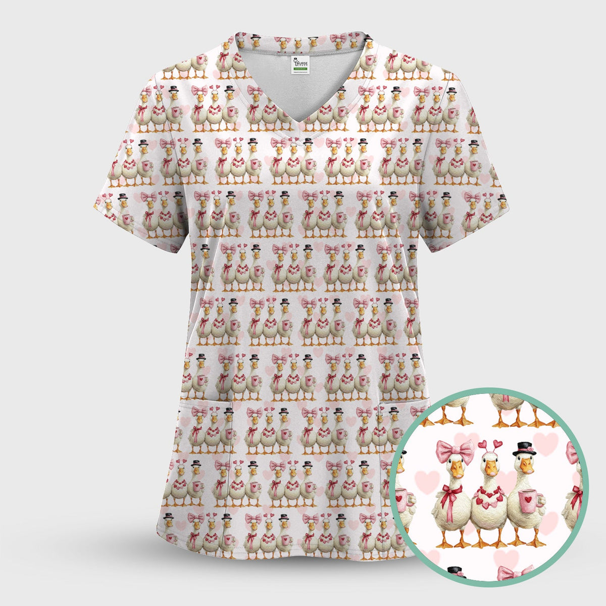 Charming Valentine Goose Heart Pink Design Scrub Top, Comfortable Scrubs for Nurses