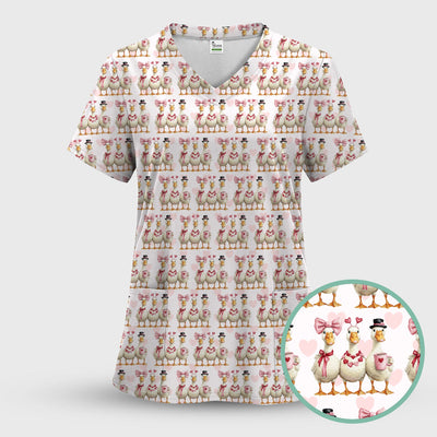 Charming Valentine Goose Heart Pink Design Scrub Top, Comfortable Scrubs for Nurses