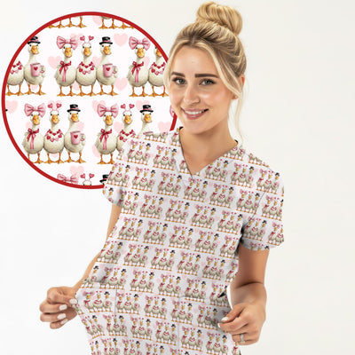 Charming Valentine Goose Heart Pink Design Scrub Top, Comfortable Scrubs for Nurses