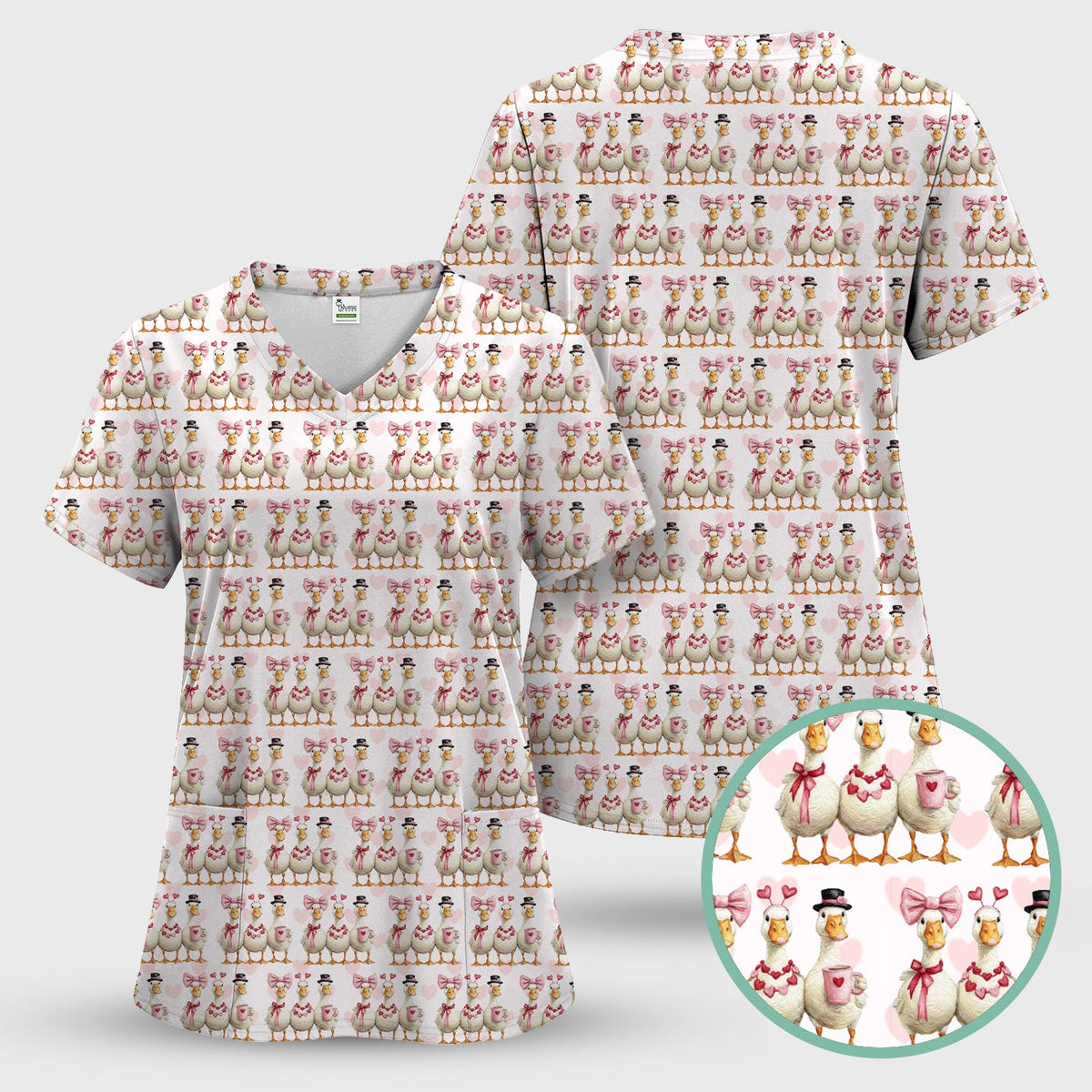 Charming Valentine Goose Heart Pink Design Scrub Top, Comfortable Scrubs for Nurses