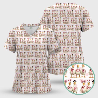 Charming Valentine Goose Heart Pink Design Scrub Top, Comfortable Scrubs for Nurses