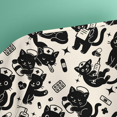 Cute Black Cat Nurse Pattern Scrub Top, Breathable Fabrics Nursing Uniform