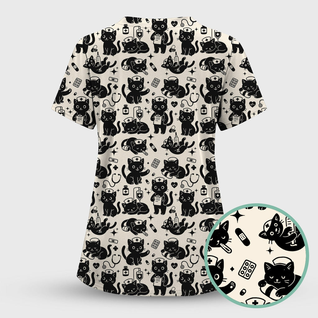 Cute Black Cat Nurse Pattern Scrub Top, Breathable Fabrics Nursing Uniform
