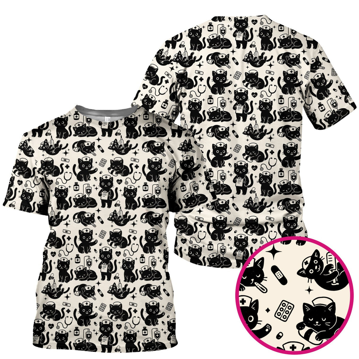 Cute Black Cat Nurse Pattern Scrub Top, Breathable Fabrics Nursing Uniform