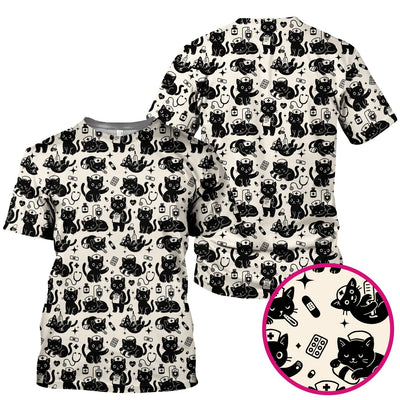 Cute Black Cat Nurse Pattern Scrub Top, Breathable Fabrics Nursing Uniform