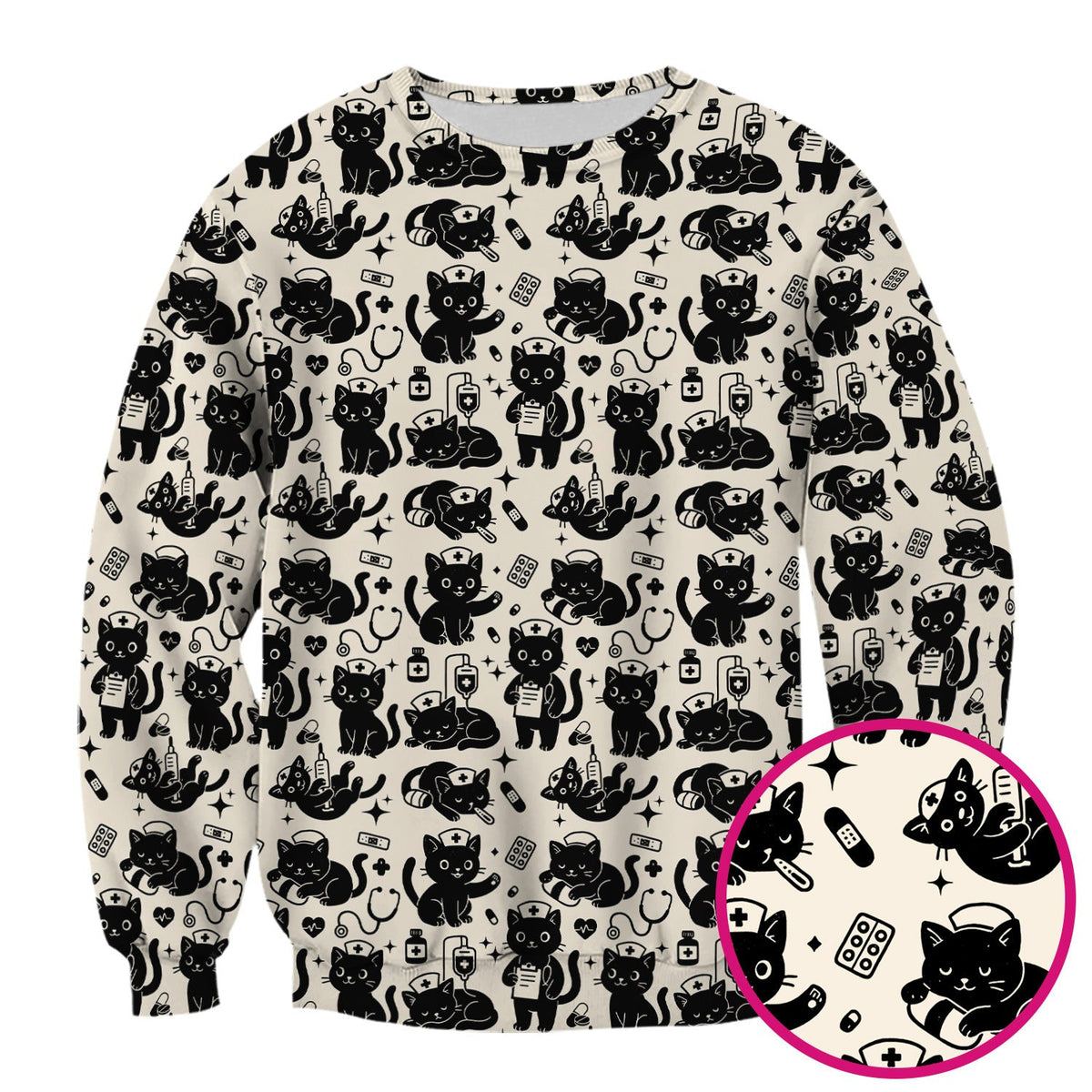 Cute Black Cat Nurse Pattern Scrub Top, Breathable Fabrics Nursing Uniform