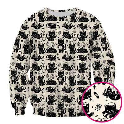 Cute Black Cat Nurse Pattern Scrub Top, Breathable Fabrics Nursing Uniform